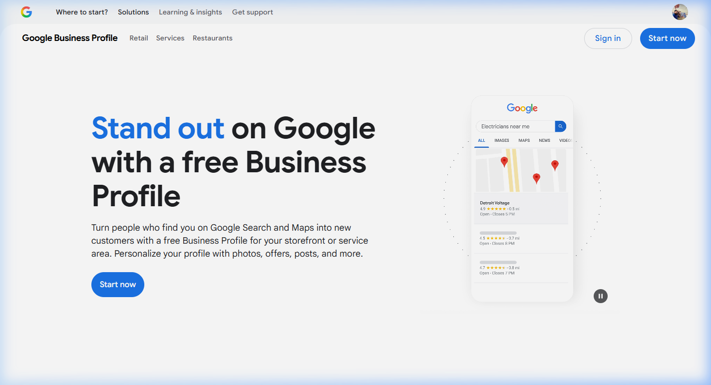 Google Business Profile landing page showing the headline 'Stand out on Google with a free Business Profile' with Start Now and Sign In buttons