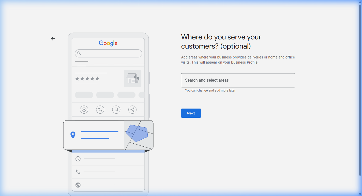 Google Business Profile setup screen for specifying service areas where the business provides deliveries or home and office visits